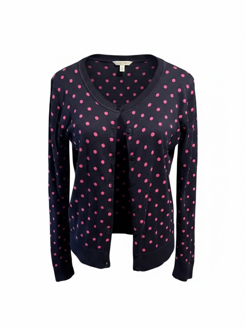 New York & Company Navy Cardigan with Pink Polka Dots